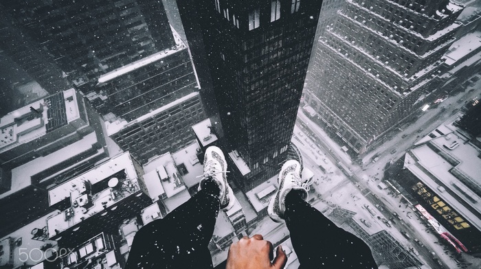 skyscraper, legs, rooftops, cityscape, rooftopping, snow, winter, birds eye view