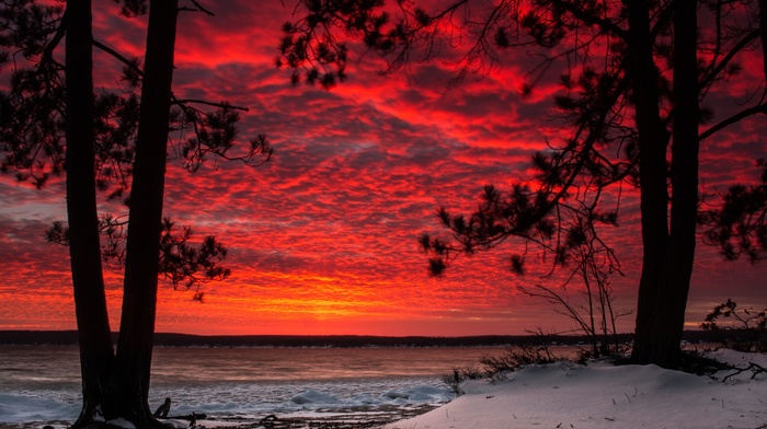 sunset, landscape, snow