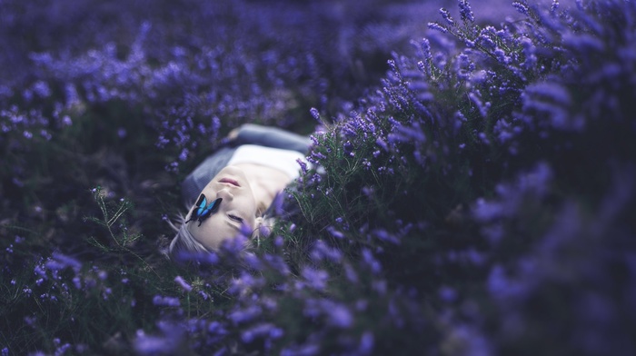butterfly, girl, flowers, purple, lying on back