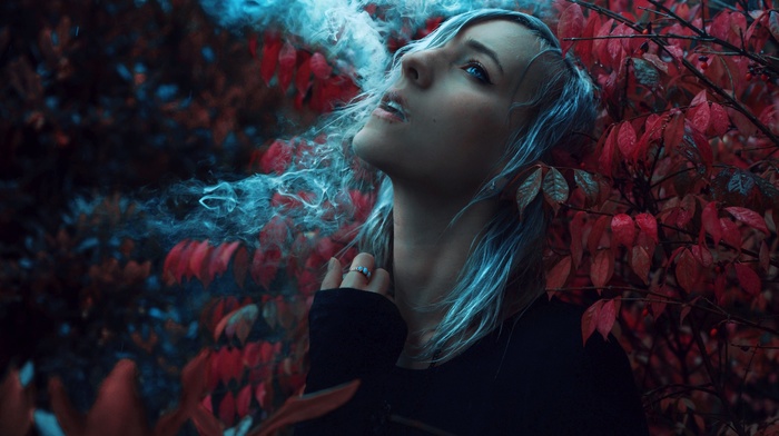 looking up, smoking, forest, girl, blue eyes, grey hair