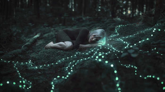 glowing, fetal position, white hair, girl, barefoot