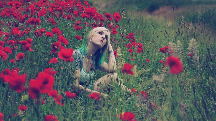 dyed hair, red flowers, looking up, girl
