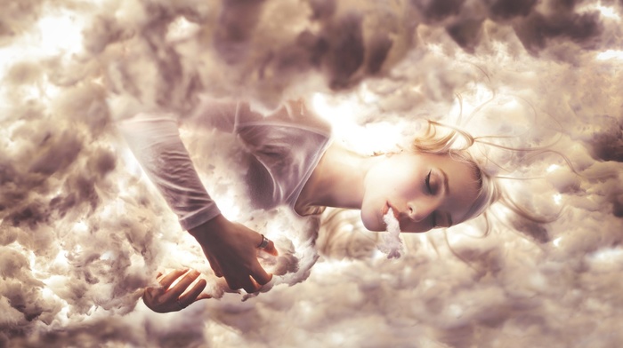 closed eyes, girl, clouds