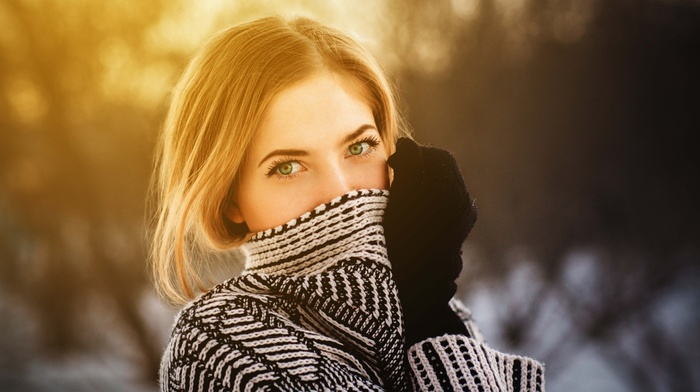 face, portrait, green eyes, blonde, depth of field, girl, girl outdoors