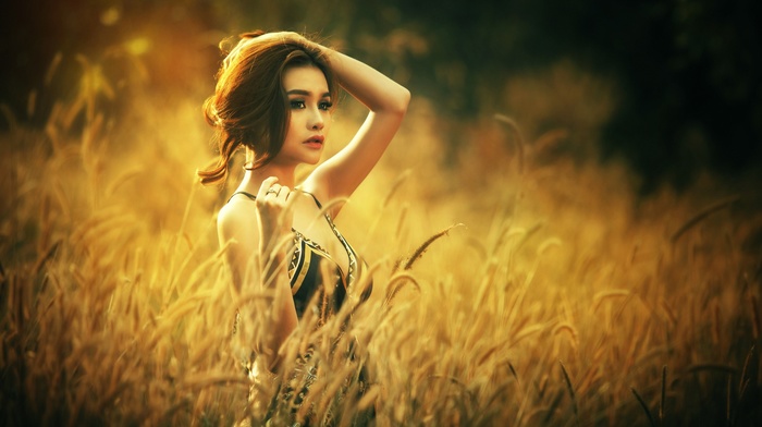 Asian, girl, girl outdoors, model, field