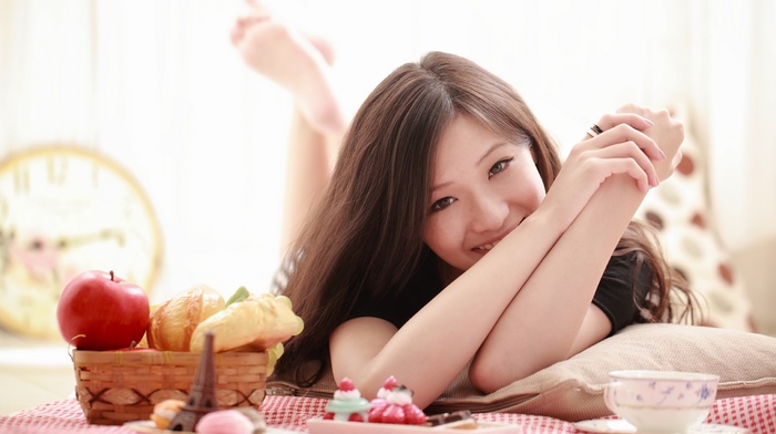 girl, smiling, breakfast, model, Asian