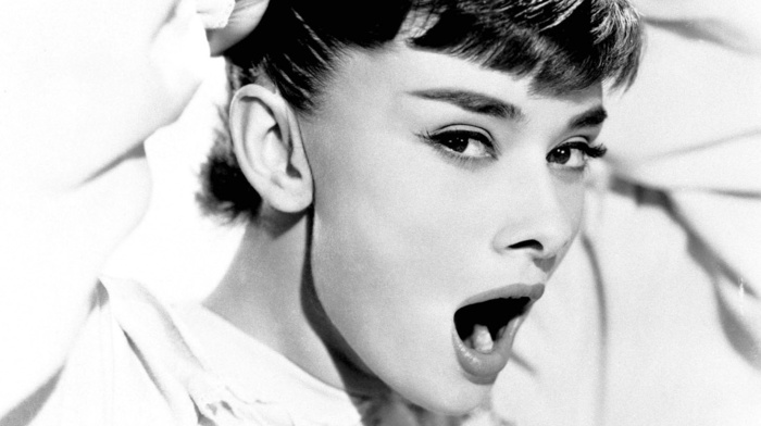 open mouth, looking at viewer, monochrome, girl, Audrey Hepburn