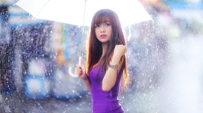 girl, Asian, umbrella, rain, model