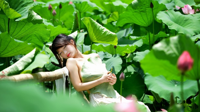 closed eyes, green, girl, model, Asian, plants