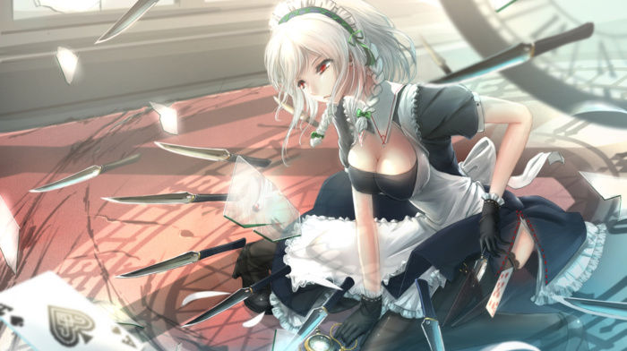 playing cards, knife, cleavage, Izayoi Sakuya, touhou, red eyes, maid, glass, maid outfit, pocket watch