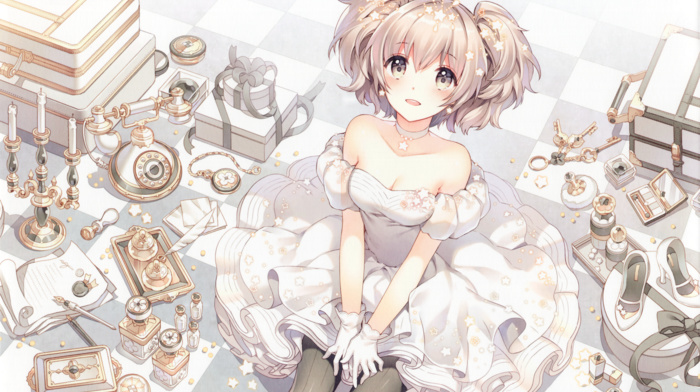 Nardack, sitting, pantyhose, shoes, jewelry, anime girls, open mouth, gray eyes, anime, pearls, dress, looking at viewer, short hair, smiling, original characters, phone, twintails, gloves, stars