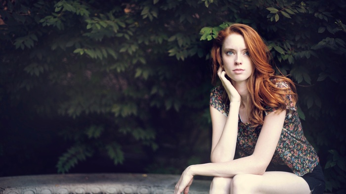 redhead, sitting, girl, blue eyes