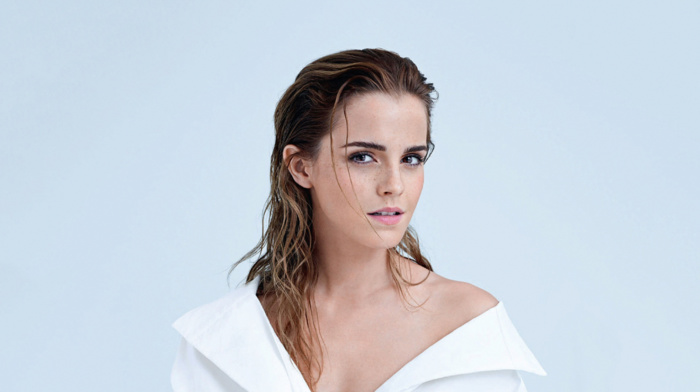wet hair, celebrity, looking at viewer, long hair, Emma Watson, actress, simple background, girl