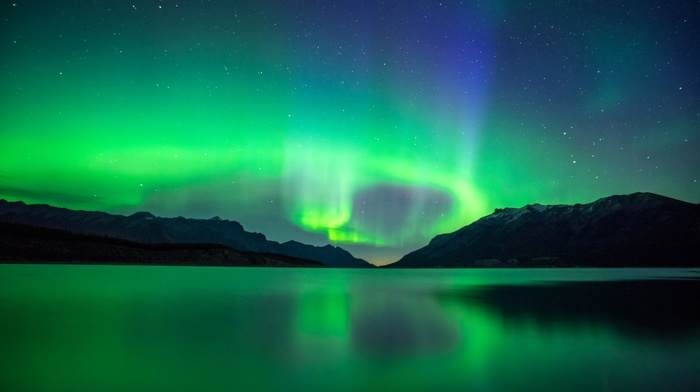 Alberta, nebula, night, lake, landscape, Canada, mountains, reflection