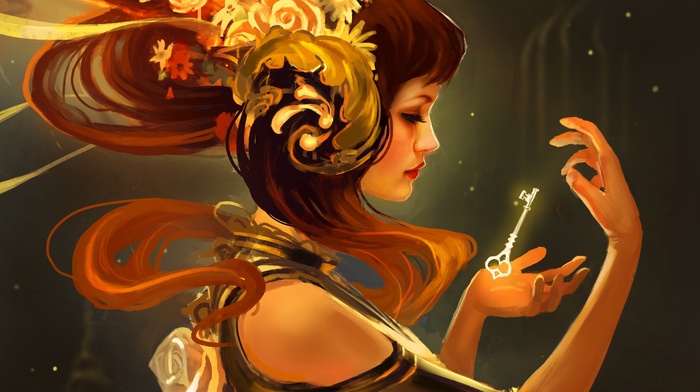 girl, gold, headdress, fantasy art, keys