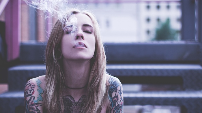 smoking, girl outdoors, urban, face, long hair, tattoo, girl, closed eyes