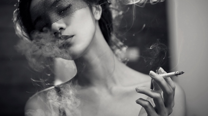 monochrome, smoking, cigarettes, Asian, veils, closed eyes, girl