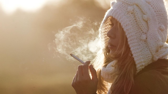 girl, backlighting, redhead, cigarettes, looking away, smoking, knit hat