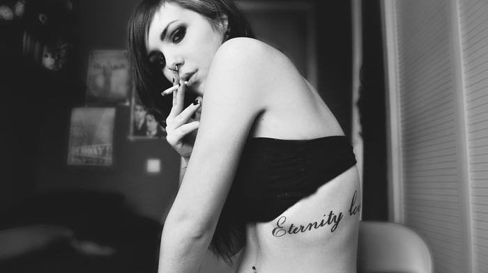 nose rings, cigarettes, tattoo, monochrome, strapless bras, looking at viewer, girl, smoking