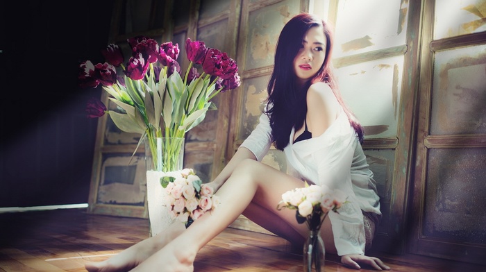 flowers, model, Asian, girl