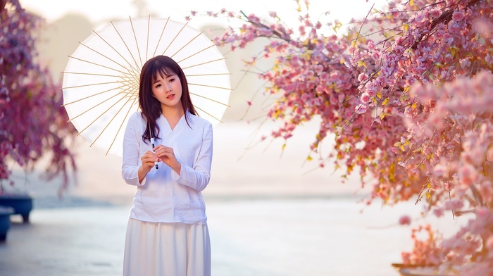 flowers, Asian, model, umbrella, girl