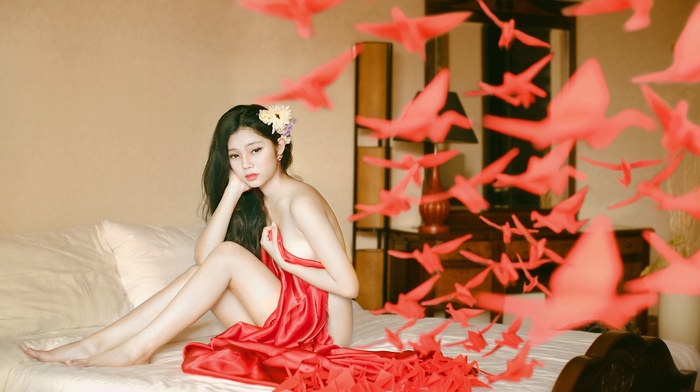 flower in hair, model, barefoot, girl, bed, Asian, paper cranes