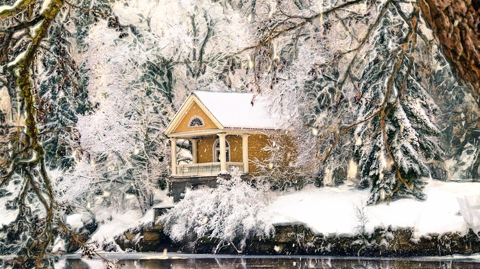 snow, winter, house