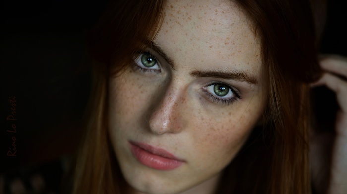 girl, green eyes, looking at viewer, redhead, freckles