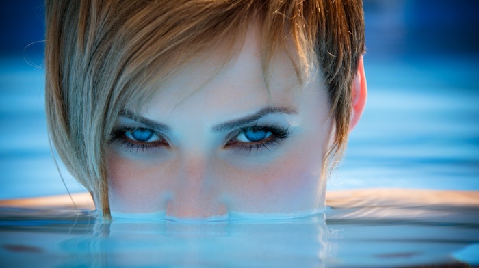 swimming pool, girl, looking at viewer, short hair, blue eyes