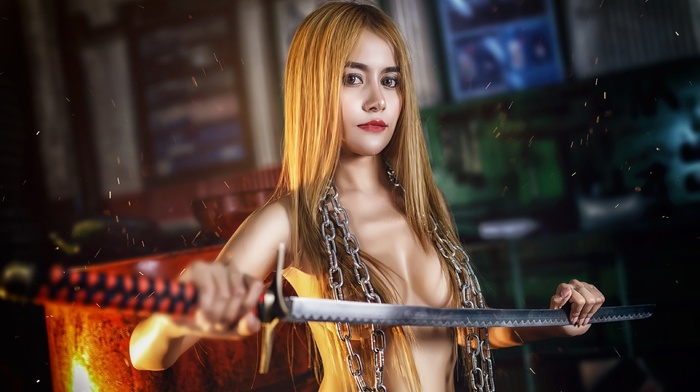 girl, sword, model, Asian