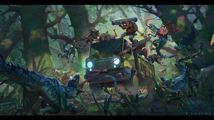 car, hunter, forest, artwork, wood, science fiction, dinosaurs