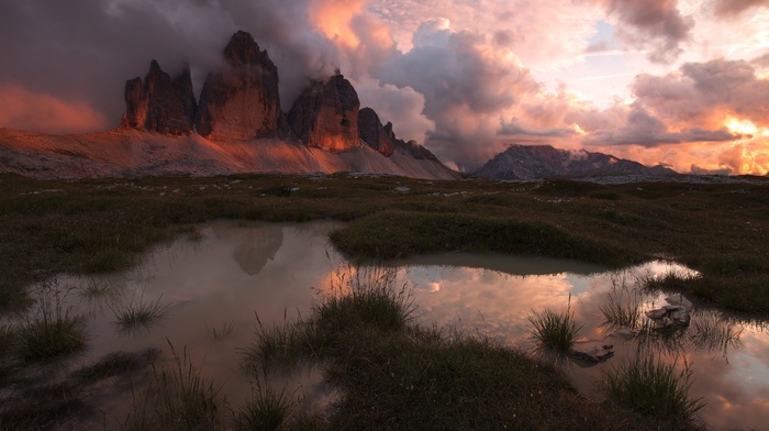 nature, pond, sunset, grass, clouds, sunlight, mountains, sky, Italy, landscape