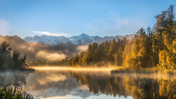 snowy peak, nature, mist, New Zealand, sunlight, water, mountains, reflection, lake, trees, landscape
