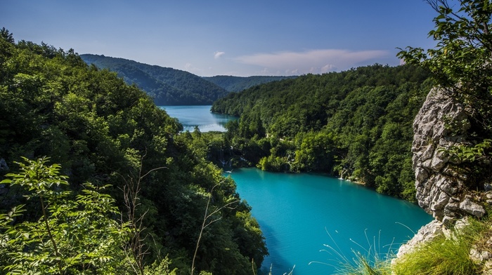forest, shrubs, nature, turquoise, river, hills, water, landscape