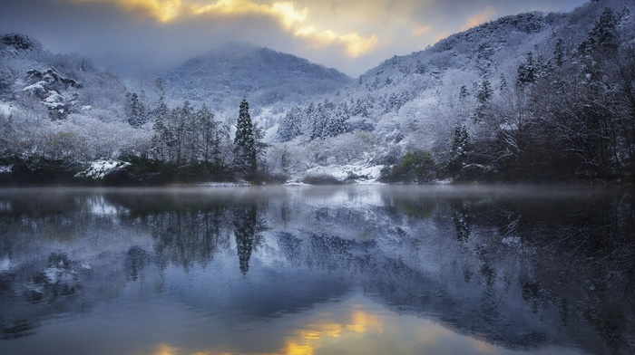 reflection, lake, hills, nature, winter, sunset, water, snow, clouds, landscape, trees
