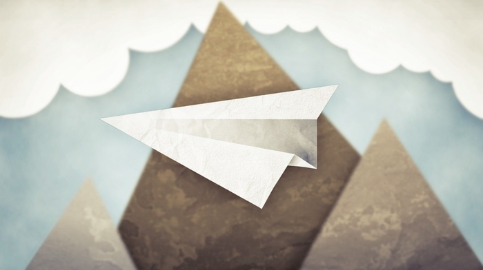 simple, digital art, clouds, mountains, artwork, blurred, flying, paper planes