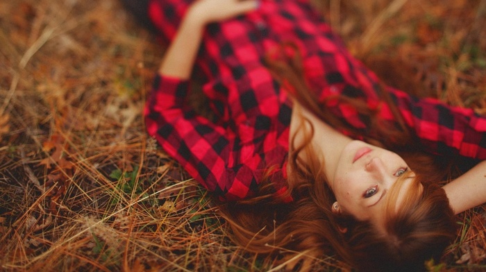 lying on back, girl, looking up, redhead, plaid, plaid shirt