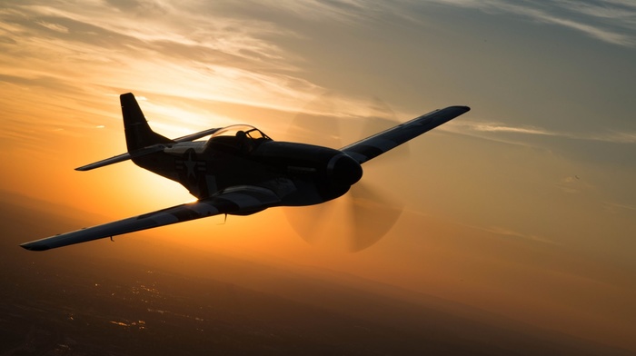 sunset, military aircraft, North American P, 51 Mustang, aircraft, silhouette