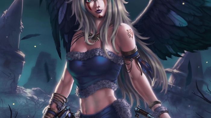 body paint, hammer, angel, tribal, fur, warrior, white hair, fantasy art, wings