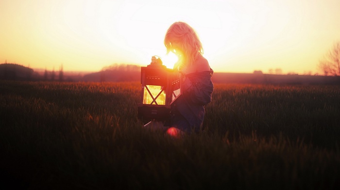 lantern, field, girl, sunlight