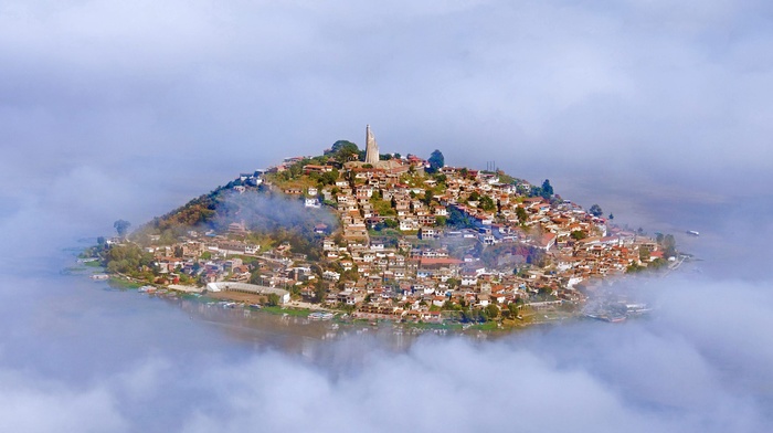 ship, trees, Mexico, water, clouds, hills, mist, statue, island, architecture, house, building, reflection, city, village