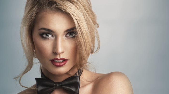 portrait, long hair, bare shoulders, blonde, model, makeup, looking at viewer, simple background, bow, tie, face, red lipstick, girl, open mouth