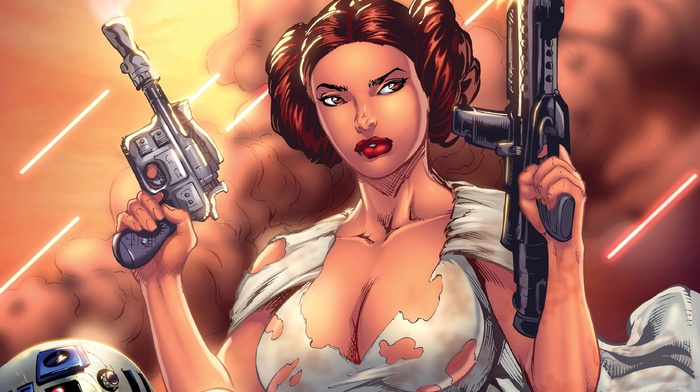 Princess Leia, blaster, big boobs, science fiction, R2, D2, artwork, Star Wars, boobs, looking away
