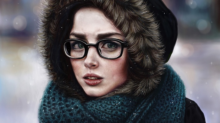 portrait, face, girl with glasses, artwork, girl