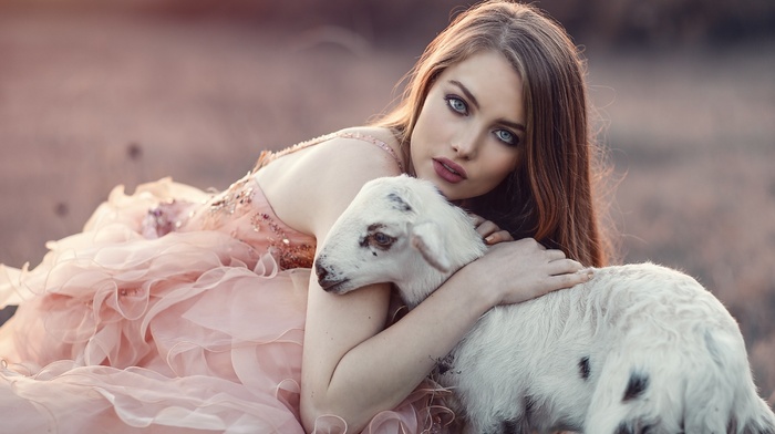 girl, model, lamb, animals