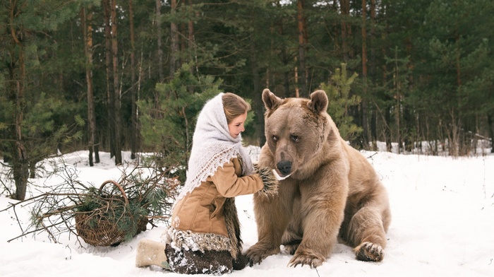 animals, winter, snow, girl, bears