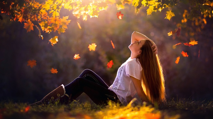 model, girl, leaves, sunlight, girl outdoors