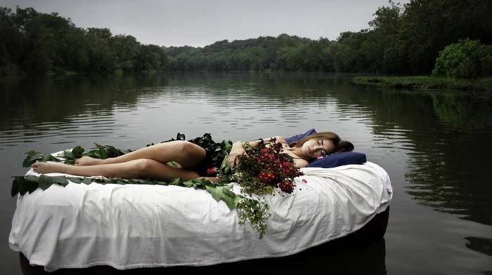 trees, river, girl, barefoot, lying down, sleeping, bouquets, bed, model, girl outdoors