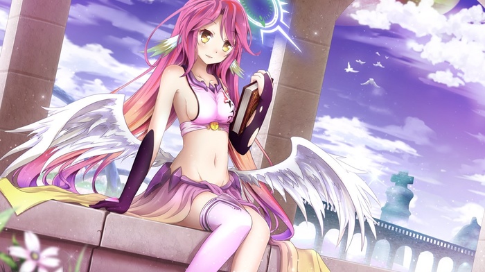 yellow eyes, wings, anime girls, anime, long hair, No Game No Life, Jibril, detached sleeves