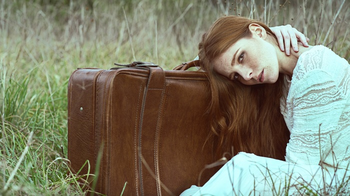 girl, girl outdoors, suitcase, model, freckles, redhead